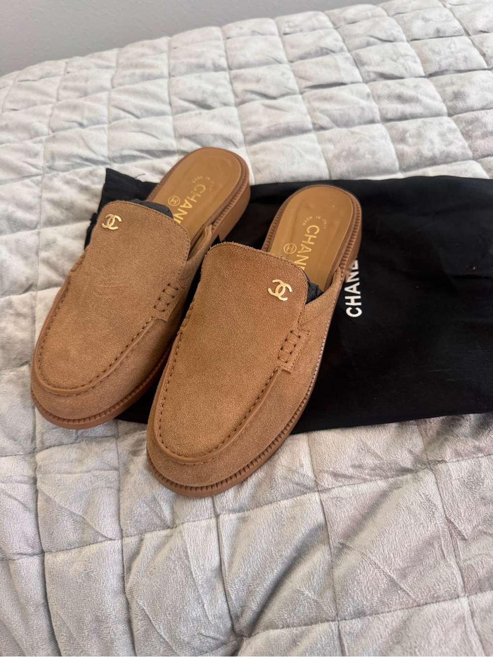 CHANEL 1x1 cop Tan Suede Backless Loafers with Gold CC Hardware
